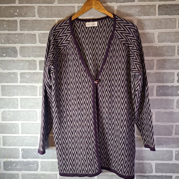 Vintage Wool Cashmere 90s Chevron Purple Gray Print Womens Cardigan Size Large - Picture 1 of 13